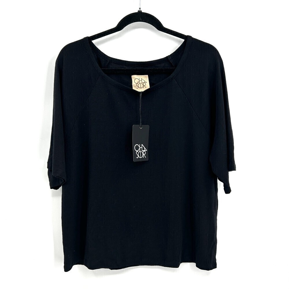 NWT CHASER Basic Black Ribbed Wide Short Sleeve Oversized Shirt Size Medium